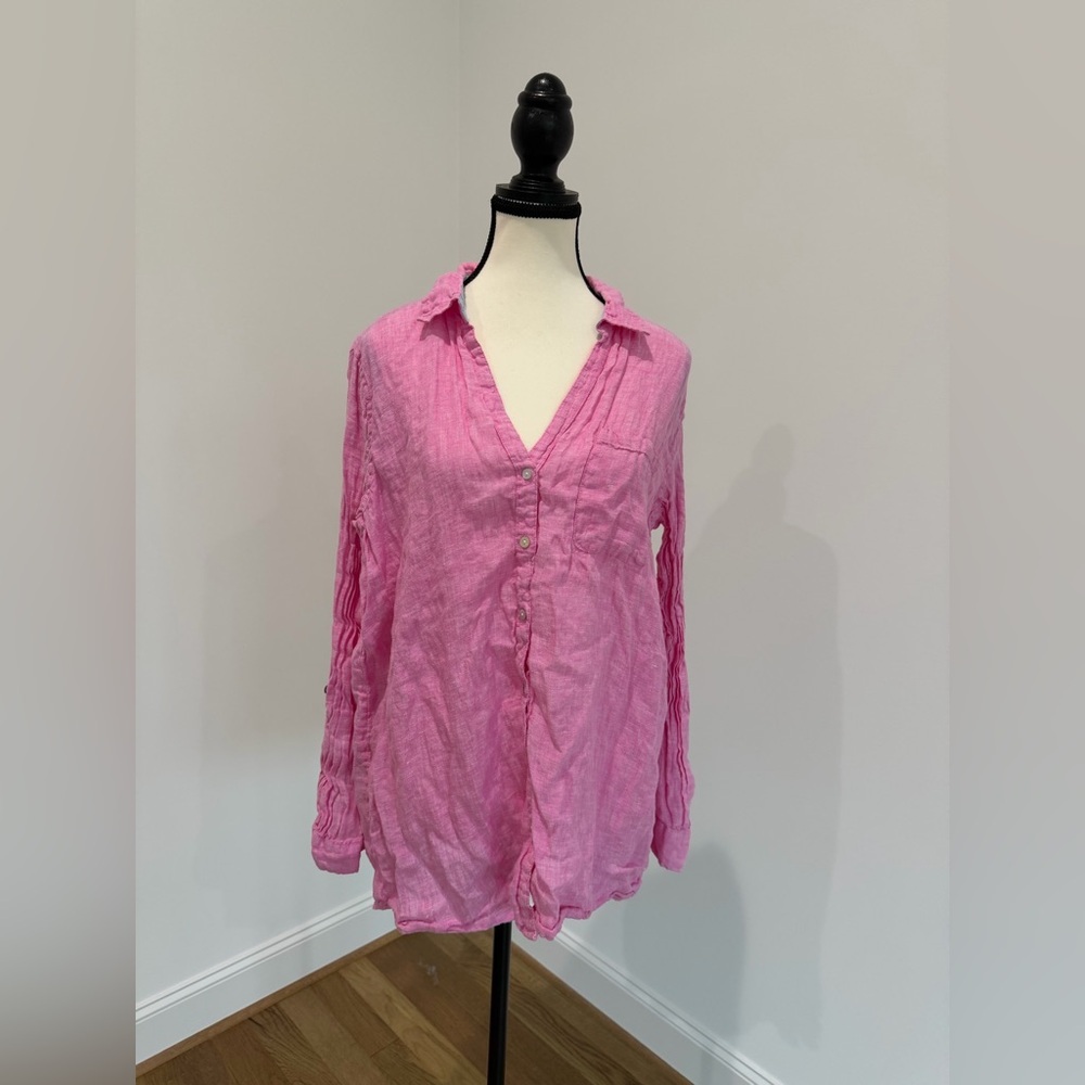 Sigrid Olsen 🌸 Pink 100% Linen Roll Tab Shirt - Size L